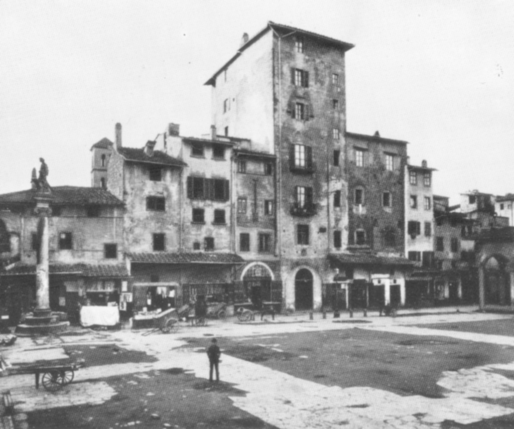 Firenze, Mercato Vecchio con la Torre dei Caponsacchi 1883
